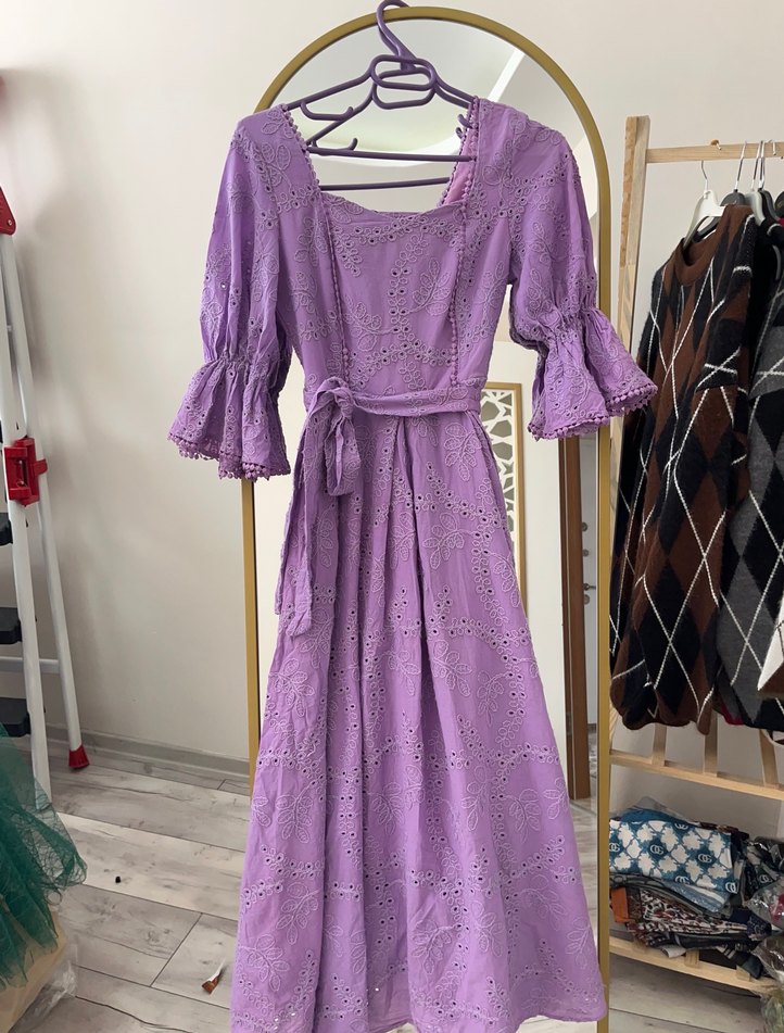 Lila Dantel Detaylı Bohem Uzun Elbise - Görsel 4