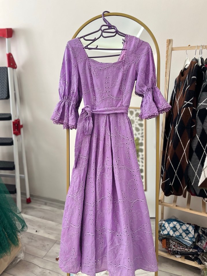 Lila Dantel Detaylı Bohem Uzun Elbise - Görsel 2