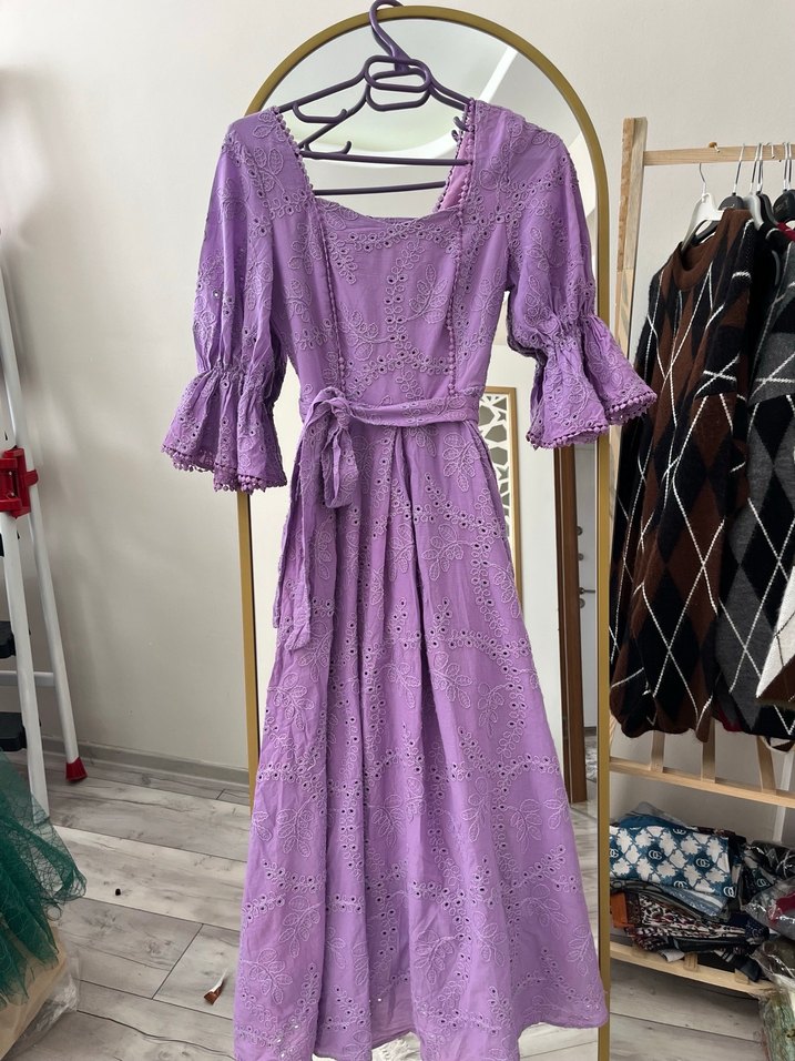 Lila Dantel Detaylı Bohem Uzun Elbise - Görsel 3