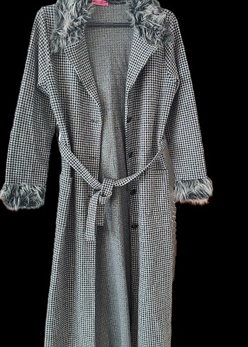 Düğmeli, Uzun, Gri Ekose Kadın Kaban - Görsel 8