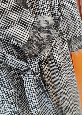 Düğmeli, Uzun, Gri Ekose Kadın Kaban - Görsel 7