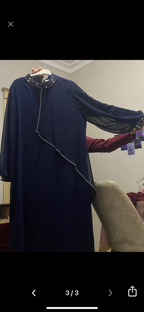 Uzun Kollu Mavi Dökümlü abiye - Görsel 2