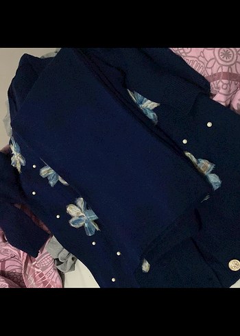 Çiçek Desenli Mavi Triko Kadın Takım - Görsel 4