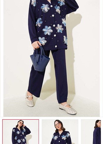 Çiçek Desenli Mavi Triko Kadın Takım - Görsel 2