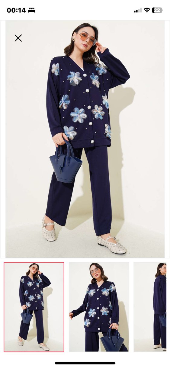 Çiçek Desenli Mavi Triko Kadın Takım - Görsel 2