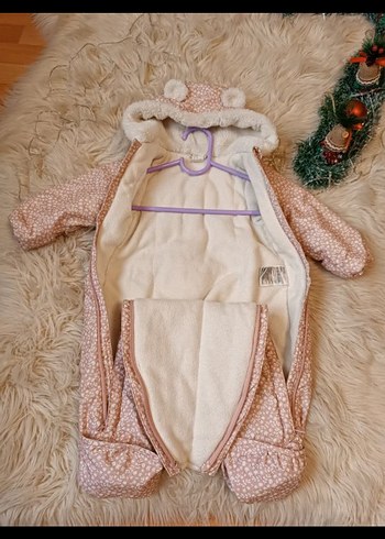 Peluş Kapüşonlu Pembe Bebek Tulumu