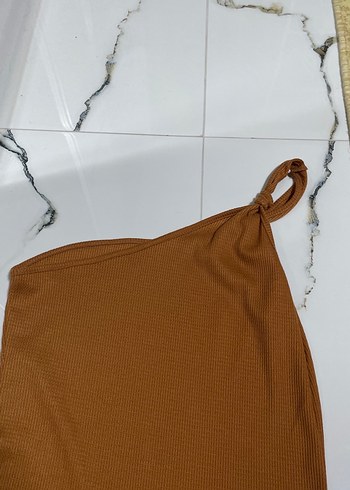 Drapeli Tek Omuz Kahverengi Kadın bluz - Görsel 2