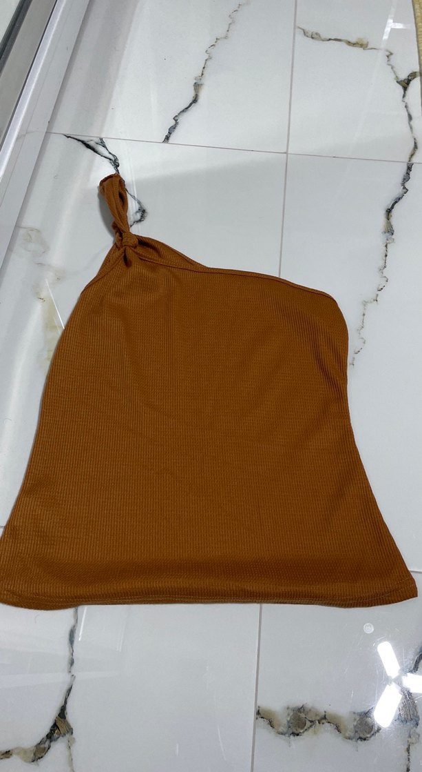 Drapeli Tek Omuz Kahverengi Kadın bluz - Görsel 3