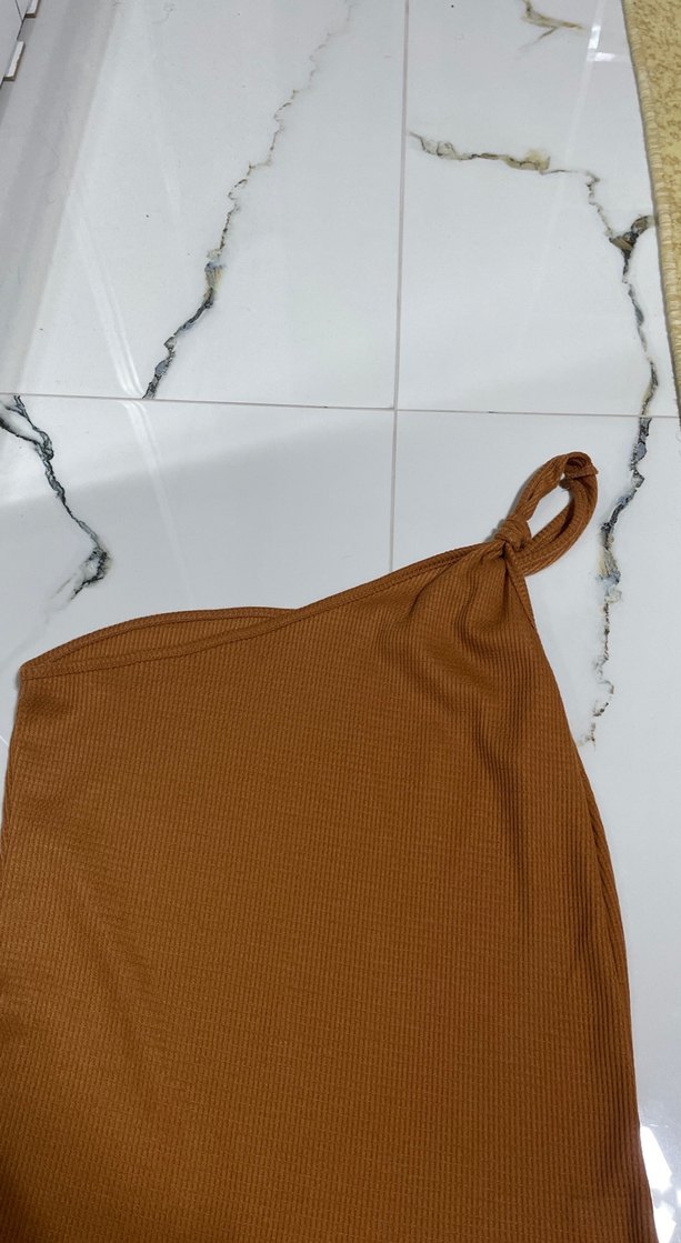 Drapeli Tek Omuz Kahverengi Kadın bluz - Görsel 2