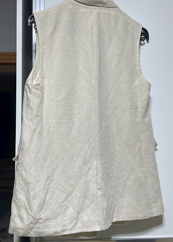 Bej Keten Düğmeli Kolsuz Kadın Blazer - Görsel 4