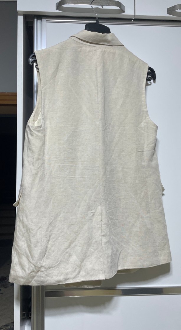 Bej Keten Düğmeli Kolsuz Kadın Blazer - Görsel 4