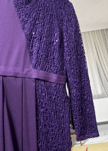 Mor Uzun Kollu Drapeli Kadın Abiye Elbise - Görsel 4