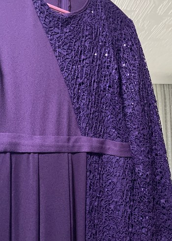 Mor Uzun Kollu Drapeli Kadın Abiye Elbise - Görsel 3