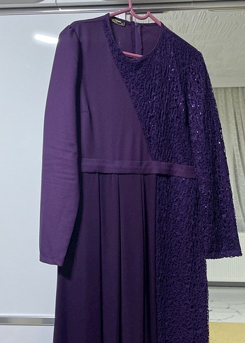 Mor Uzun Kollu Drapeli Kadın Abiye Elbise - Görsel 2