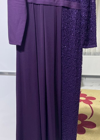 Mor Uzun Kollu Drapeli Kadın Abiye Elbise - Görsel 5