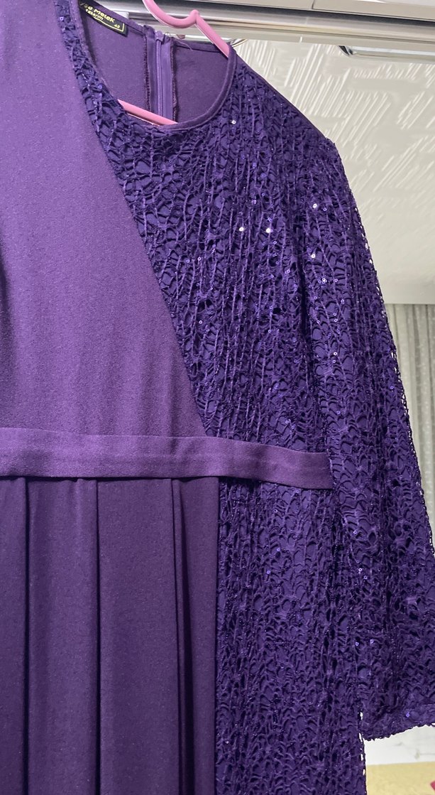 Mor Uzun Kollu Drapeli Kadın Abiye Elbise - Görsel 3