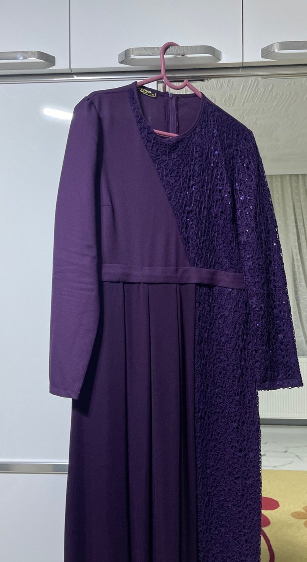 Mor Uzun Kollu Drapeli Kadın Abiye Elbise - Görsel 2