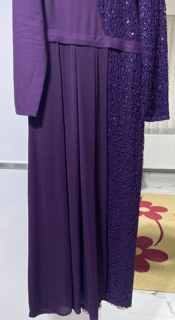 Mor Uzun Kollu Drapeli Kadın Abiye Elbise - Görsel 5