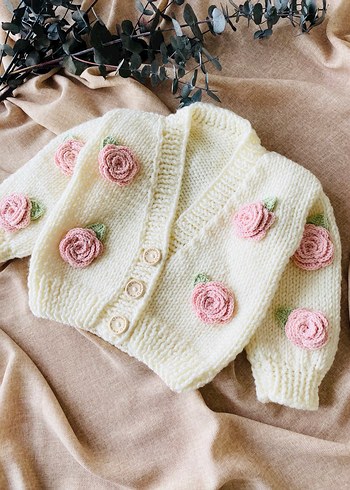 Pembe Güllü Hırka, Etek, Bandana Set - Görsel 8