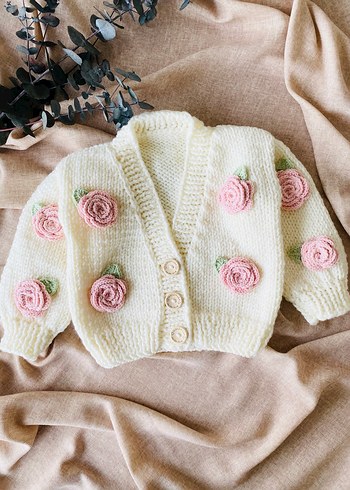 Pembe Güllü Hırka, Etek, Bandana Set - Görsel 5