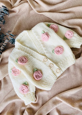 Pembe Güllü Hırka, Etek, Bandana Set - Görsel 6