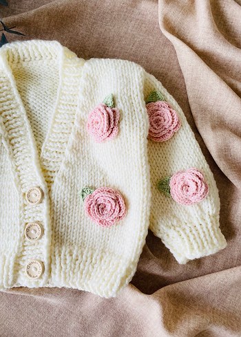 Pembe Güllü Hırka, Etek, Bandana Set - Görsel 7