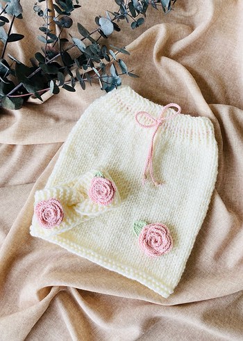 Pembe Güllü Hırka, Etek, Bandana Set - Görsel 11