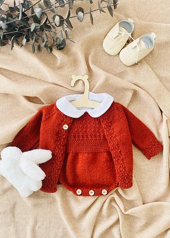 Kiremit El Örgüsü Bebek Hırka & Salopet Set - Görsel 2