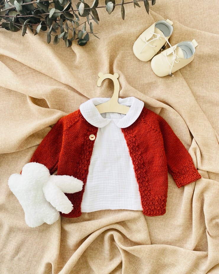 Kiremit El Örgüsü Bebek Hırka & Salopet Set - Görsel 3