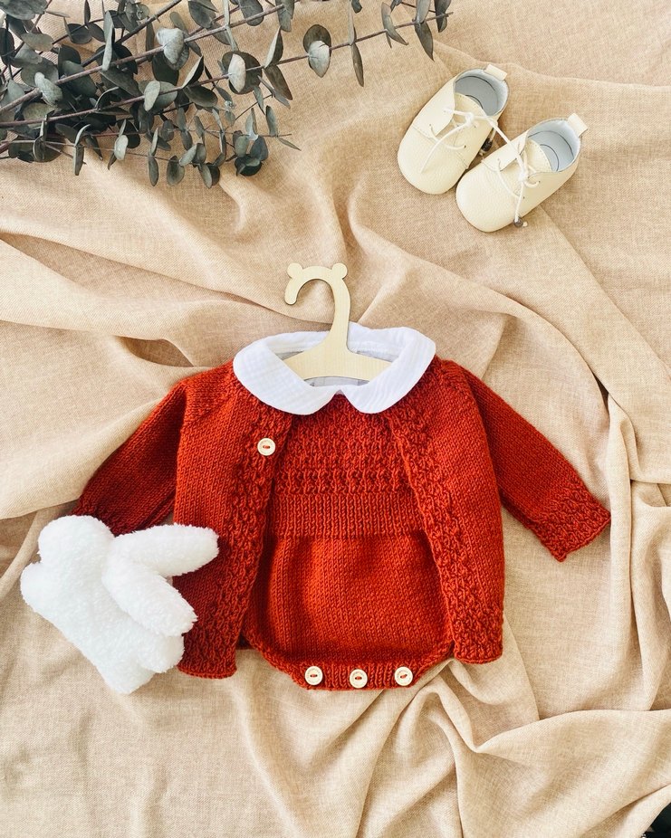 Kiremit El Örgüsü Bebek Hırka & Salopet Set - Görsel 2