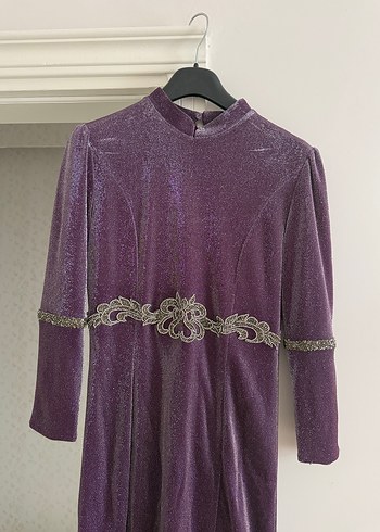 Uzun Mor İşlemeli Vintage Abiye Elbise - Görsel 2