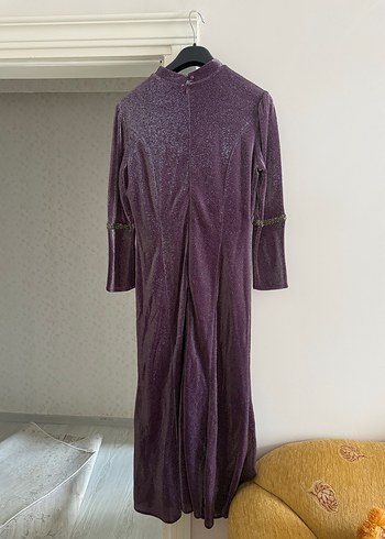 Uzun Mor İşlemeli Vintage Abiye Elbise - Görsel 4