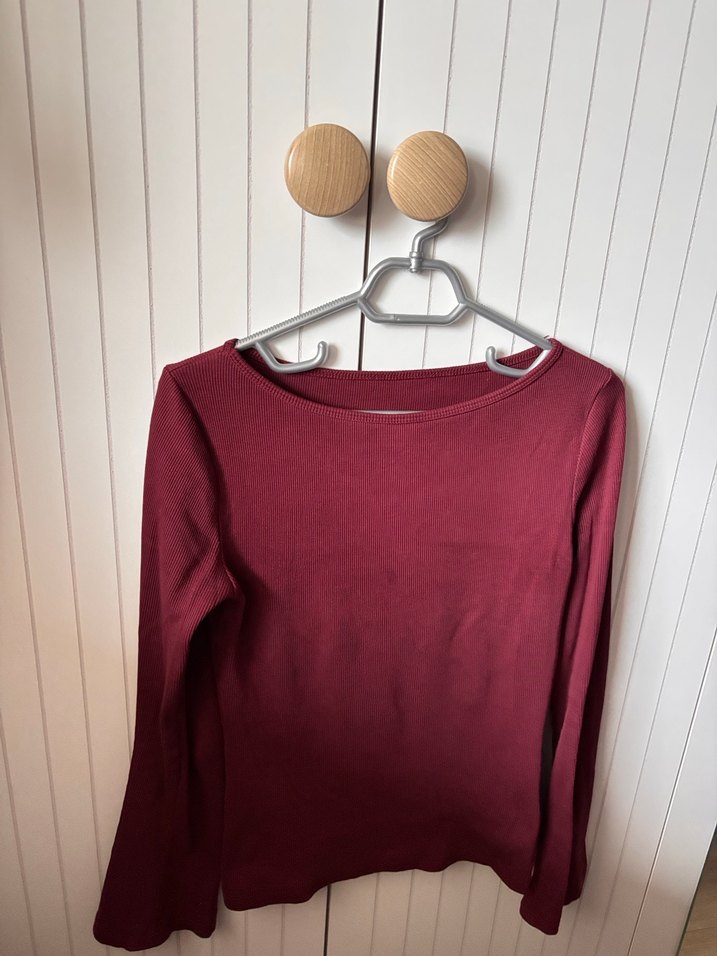 Bordo Çan Kollu %100 Pamuk basic tişört Bluz - Görsel 2