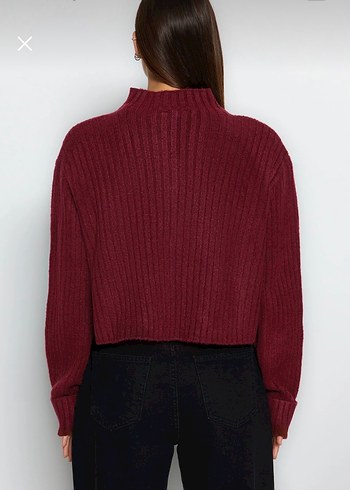 Bordo Crop Yumuşak Dokulu Dik Yaka Triko Hırka - Görsel 2