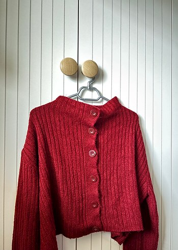 Bordo Crop Yumuşak Dokulu Dik Yaka Triko Hırka - Görsel 3