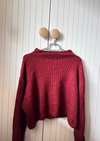 Bordo Crop Yumuşak Dokulu Dik Yaka Triko Hırka - Görsel 4