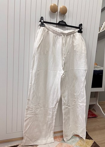 Beyaz Beli Lastikli Keten Straight Pantolon - Görsel 2