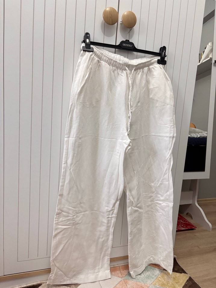 Beyaz Beli Lastikli Keten Straight Pantolon - Görsel 2