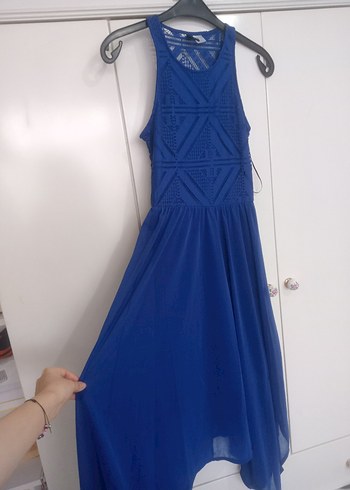 H&M Dantel Detaylı Lacivert Uzun Bohem Elbise