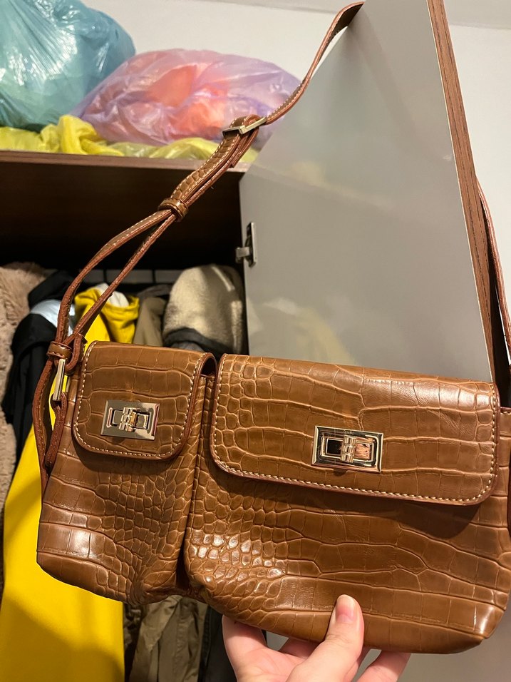 Kahverengi Deri Yılan Desenli Kadın Çanta - Görsel 4