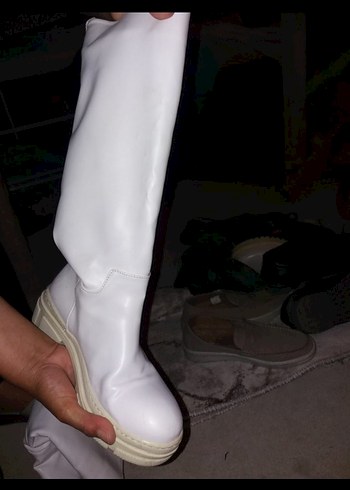 Beyaz Platform Topuklu Kadın Dizüstü Çizme - Görsel 3