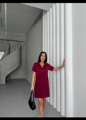 Bordo polo Yakalı Midi Kadın Elbise