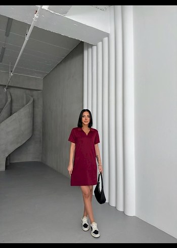 Diğer Bordo polo Yakalı Midi Kadın Elbise