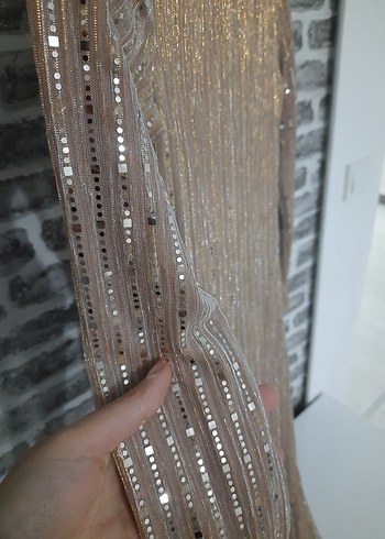 Bej Uzun Kollu Payetli Kadın Abiye Elbise - Görsel 4