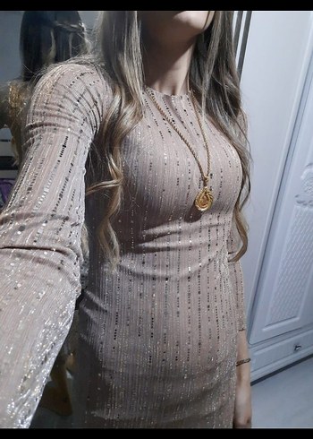 Bej Uzun Kollu Payetli Kadın Abiye Elbise - Görsel 5