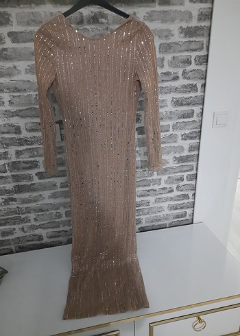 Bej Uzun Kollu Payetli Kadın Abiye Elbise - Görsel 3