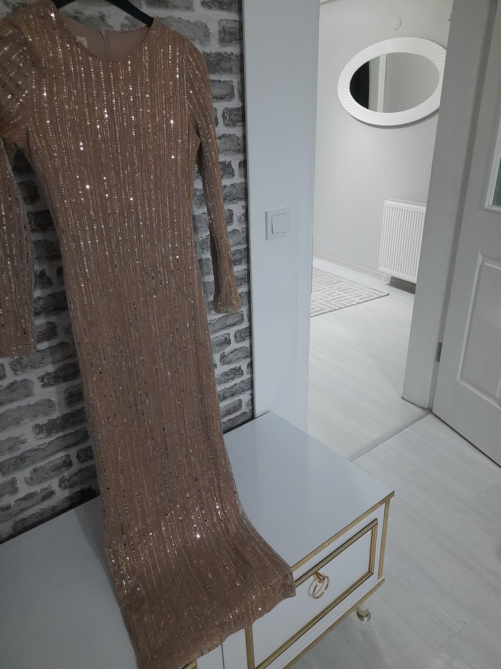 Bej Uzun Kollu Payetli Kadın Abiye Elbise - Görsel 2