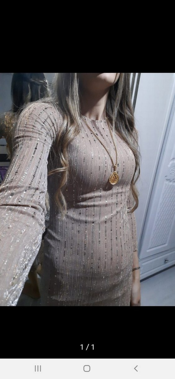 Bej Uzun Kollu Payetli Kadın Abiye Elbise - Görsel 5