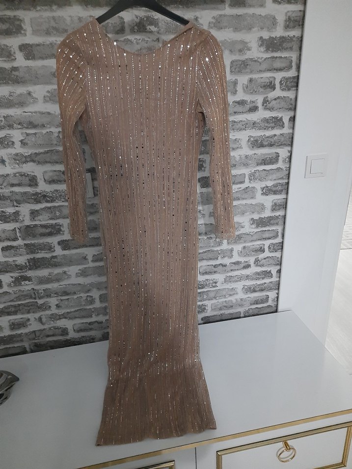 Bej Uzun Kollu Payetli Kadın Abiye Elbise - Görsel 3