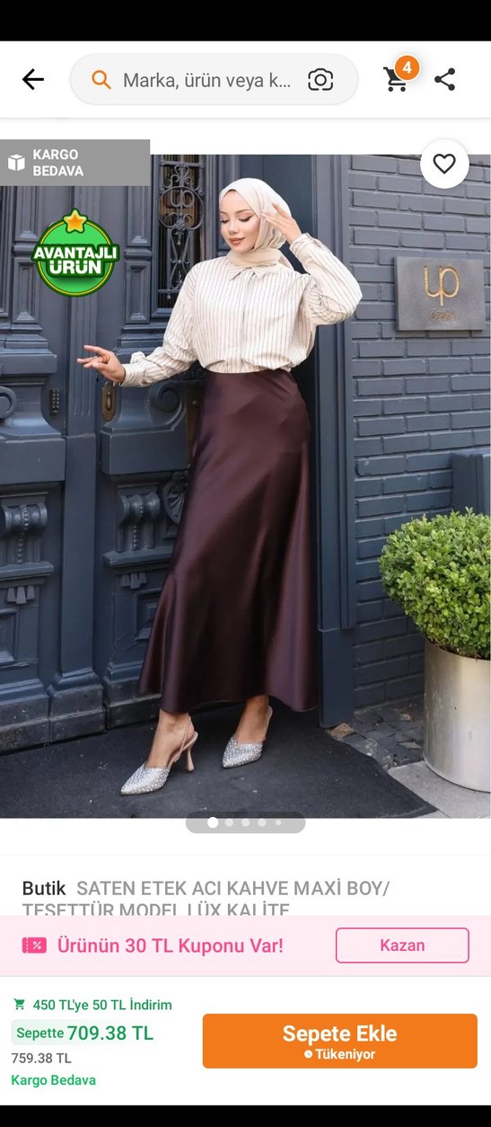 Drapeli Kahverengi Saten Maxi Etek - Görsel 2